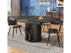 Mesa de comedor redonda extensible - Mesa extensible con 2 puertas y 6 patas ajustables - negra - para comedor y sala de estar