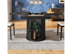 Mesa de comedor redonda extensible - Mesa extensible con 2 puertas y 6 patas ajustables - negra - para comedor y sala de estar
