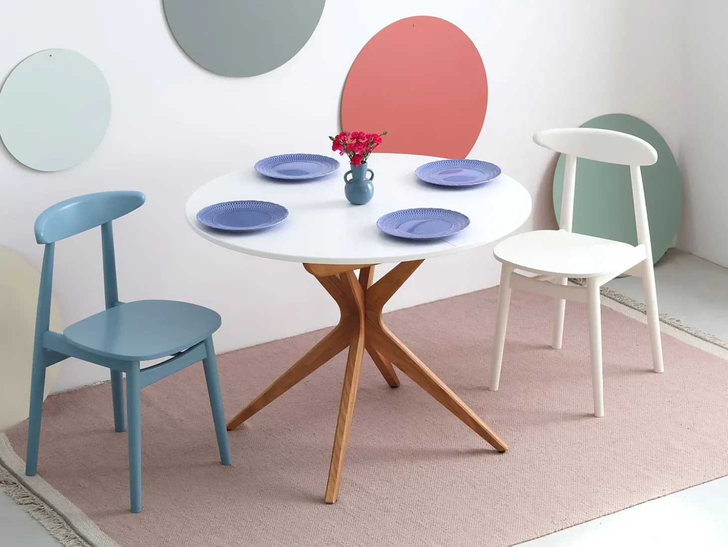 Mesa de comedor redonda extensible 100cm 5 personas Jubi Verde Salvia | Pata de fresno