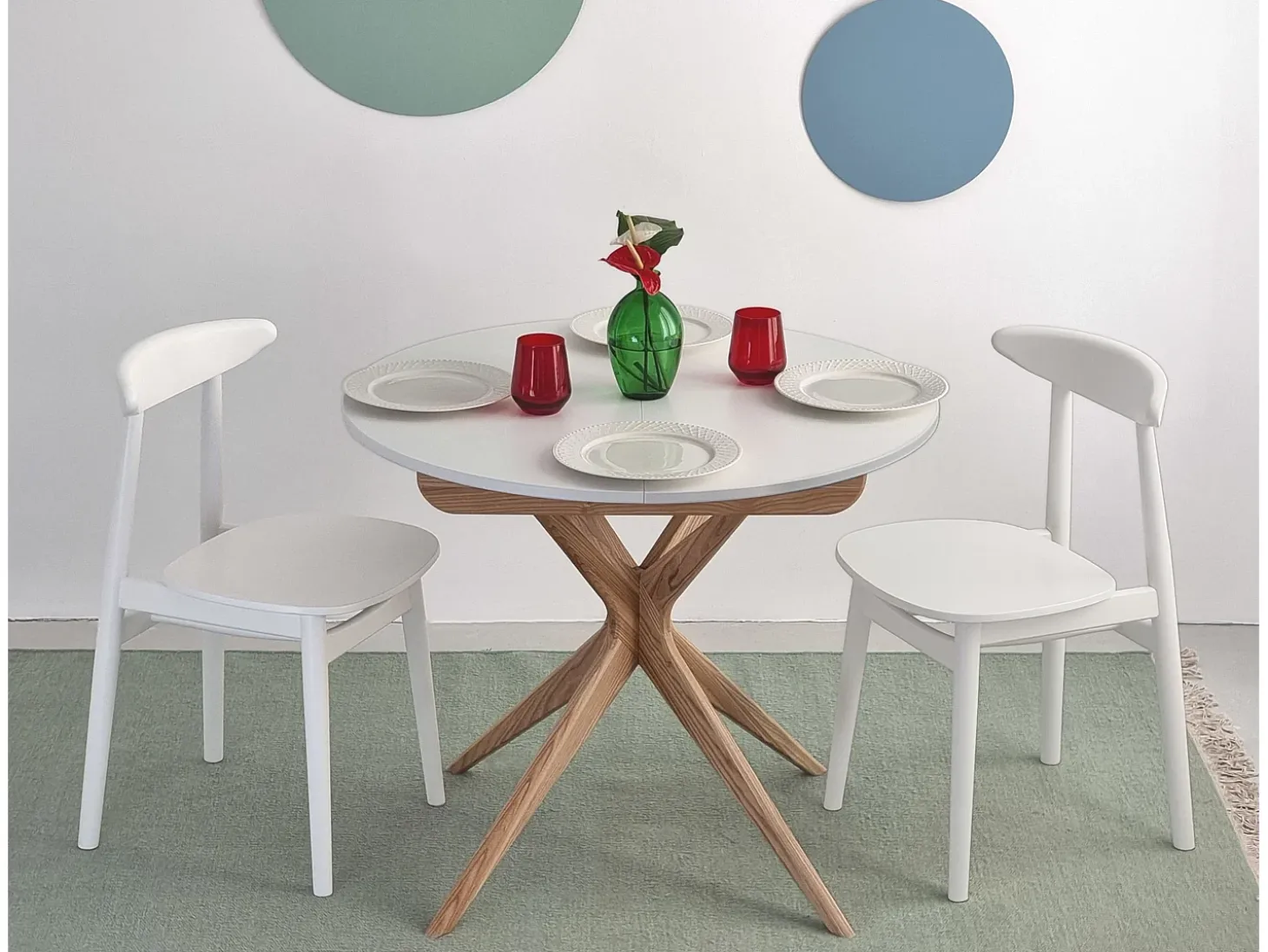 Mesa de comedor redonda extensible 90cm Jubi Verde Salvia | Pata de fresno