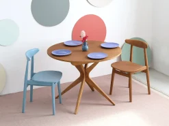 Mesa de comedor redonda extensible 100 cm para 5 personas Jubi chapa de fresno teñido negro | Patas de fresno macizo teñidas negro