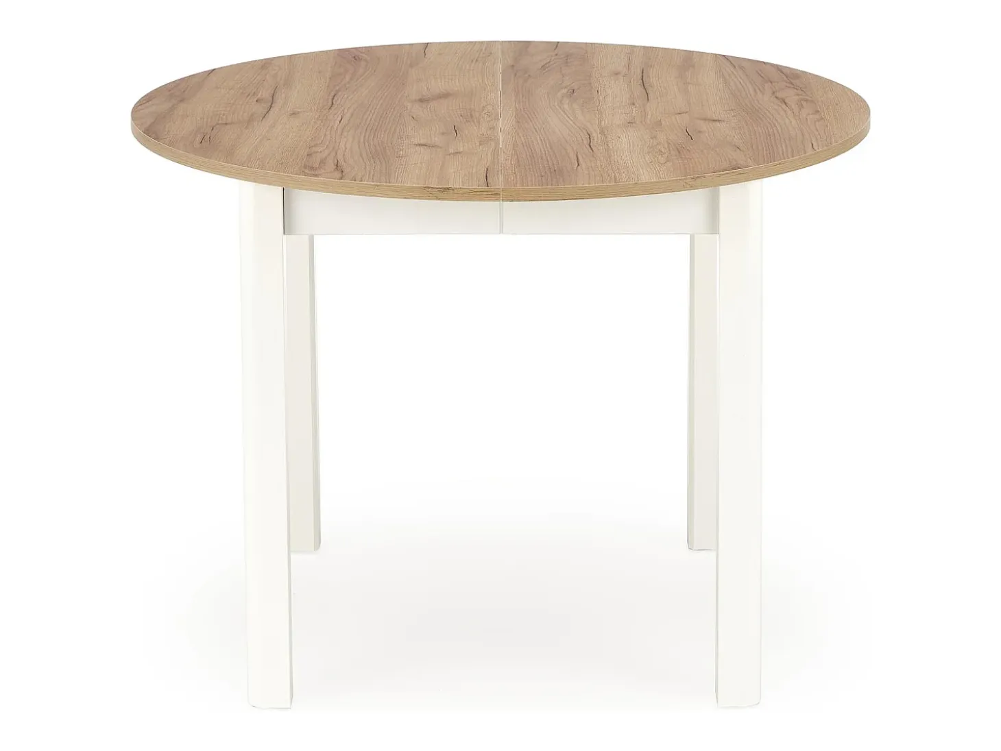 Mesa de comedor redonda extensible de 100 cm con tablero de aspecto roble y patas blancas CARENE