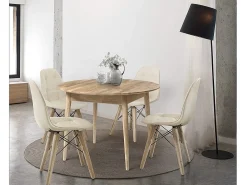 Mesa de comedor redonda Kundy de roble macizo blanqueado 100 cm