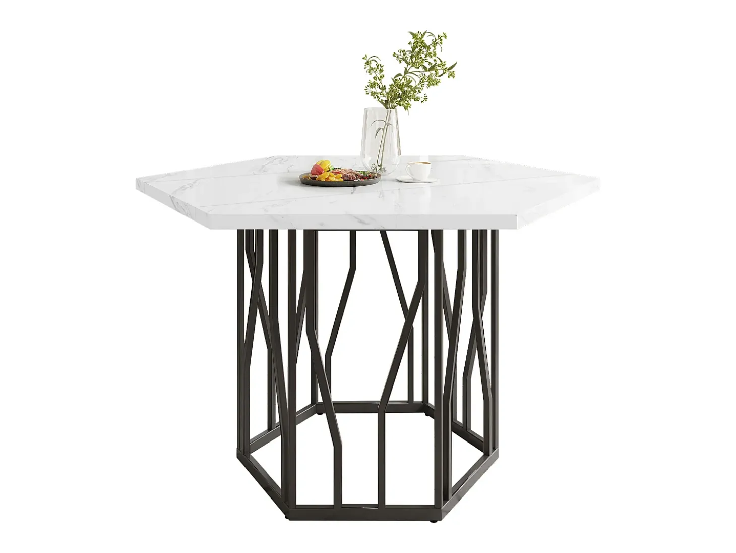 Mesa de comedor redonda moderna de mármol + patas de metal negras en forma de rama + 4 sillas ergonómicas de ante verde (115,5 x 100 x 75 cm)