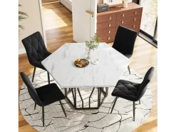 Mesa de comedor redonda moderna de mármol + patas de metal negras en forma de rama + 4 sillas ergonómicas de ante verde (115,5 x 100 x 75 cm)