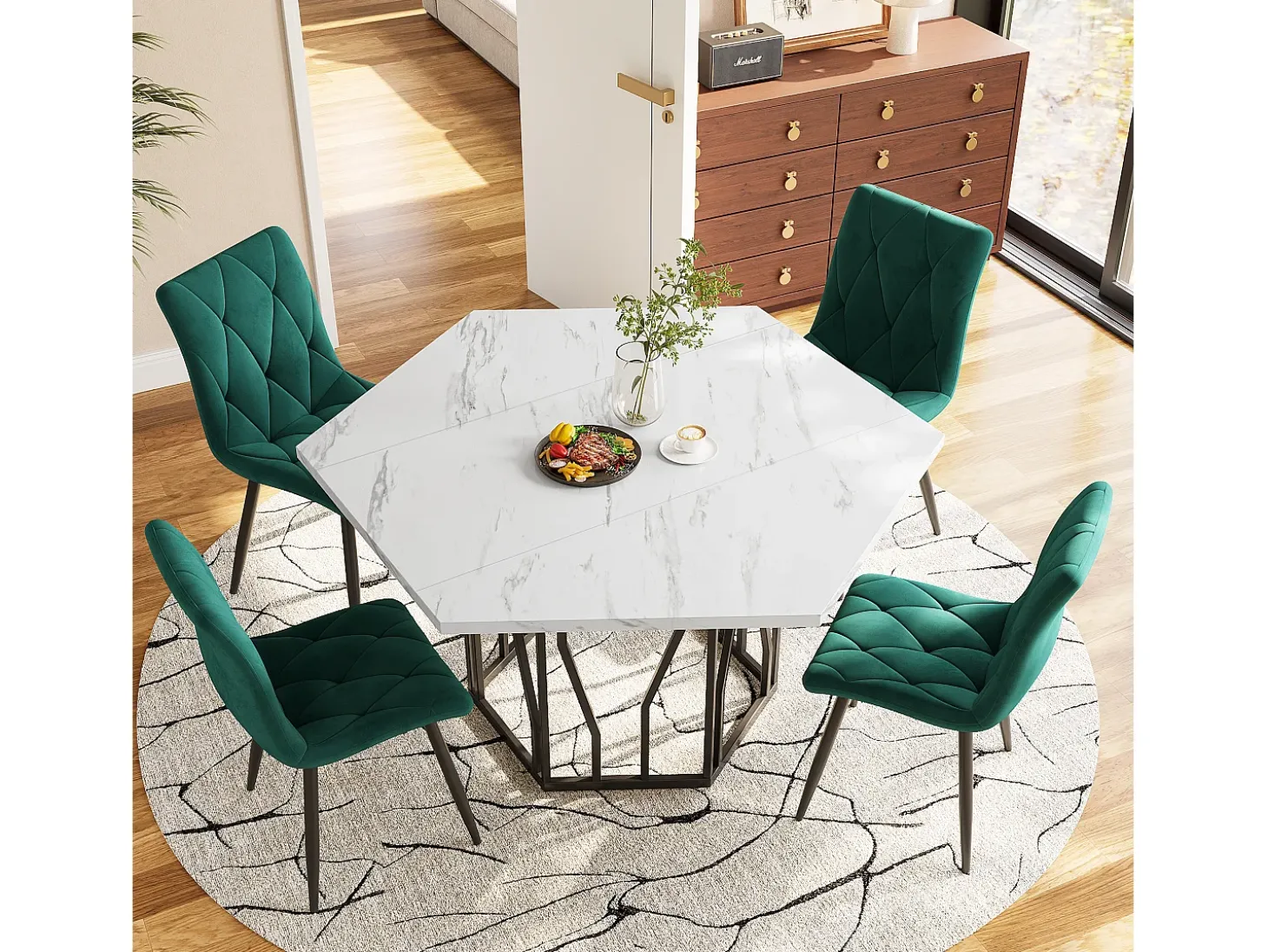 Mesa de comedor redonda moderna de mármol + patas de metal negras en forma de rama + 4 sillas ergonómicas de ante verde (115,5 x 100 x 75 cm)