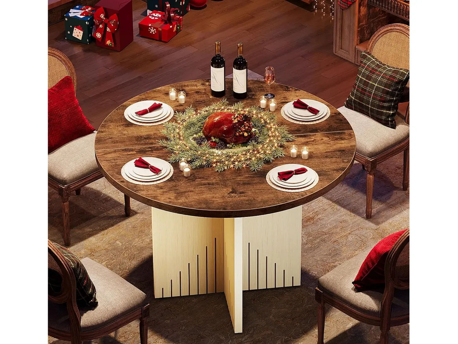 Mesa de comedor redonda para 4 personas, mesa de comedor de estilo rústico de 100 cm (solo la mesa)
