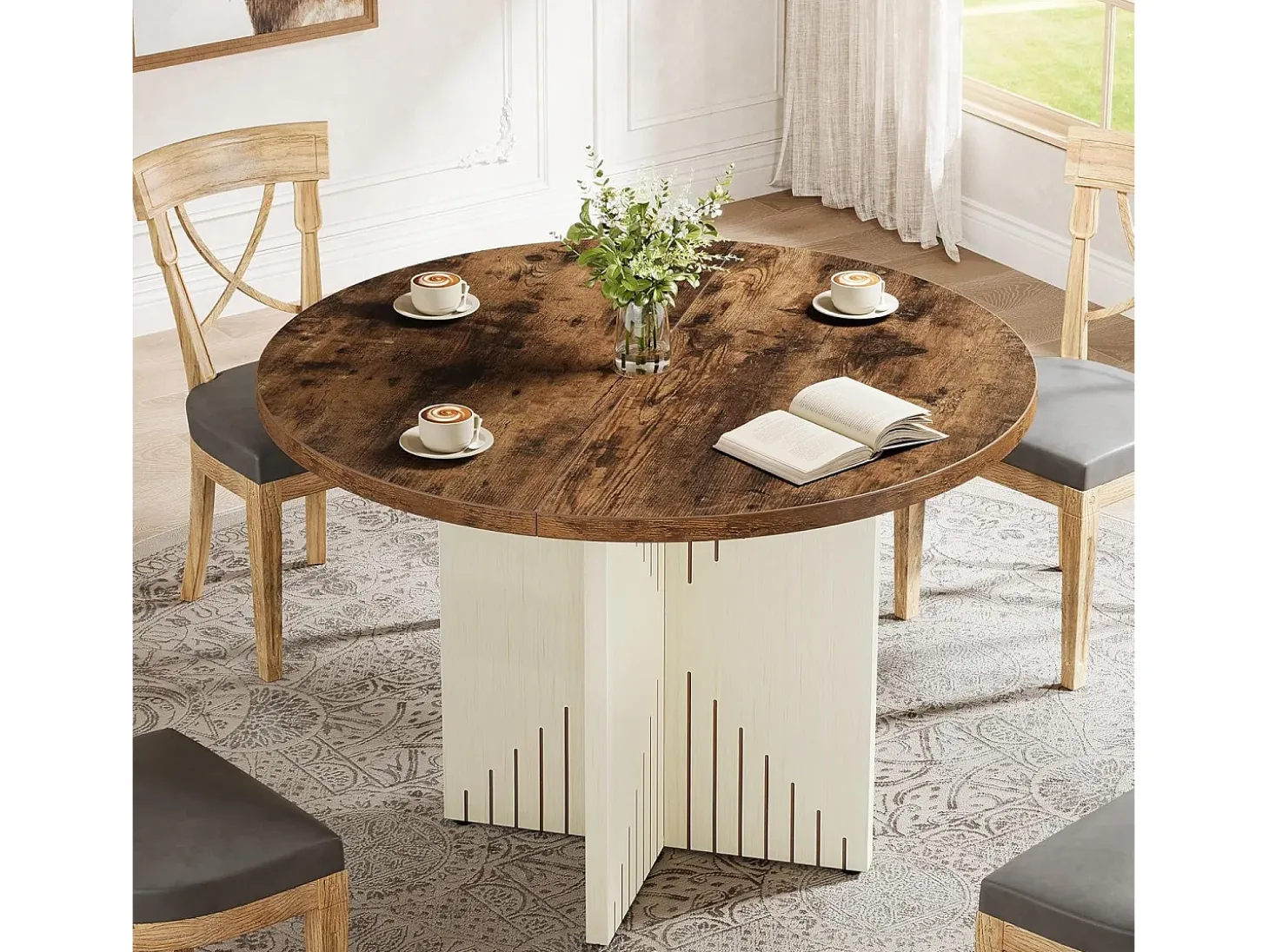 Mesa de comedor redonda para 4 personas, mesa de comedor de estilo rústico de 100 cm (solo la mesa)