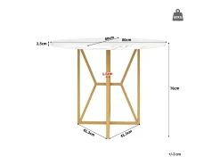 Mesa de comedor redonda para 4 personas, tapa chapada en mármol blanco con patas cruzadas de metal dorado - 80x80x76cm