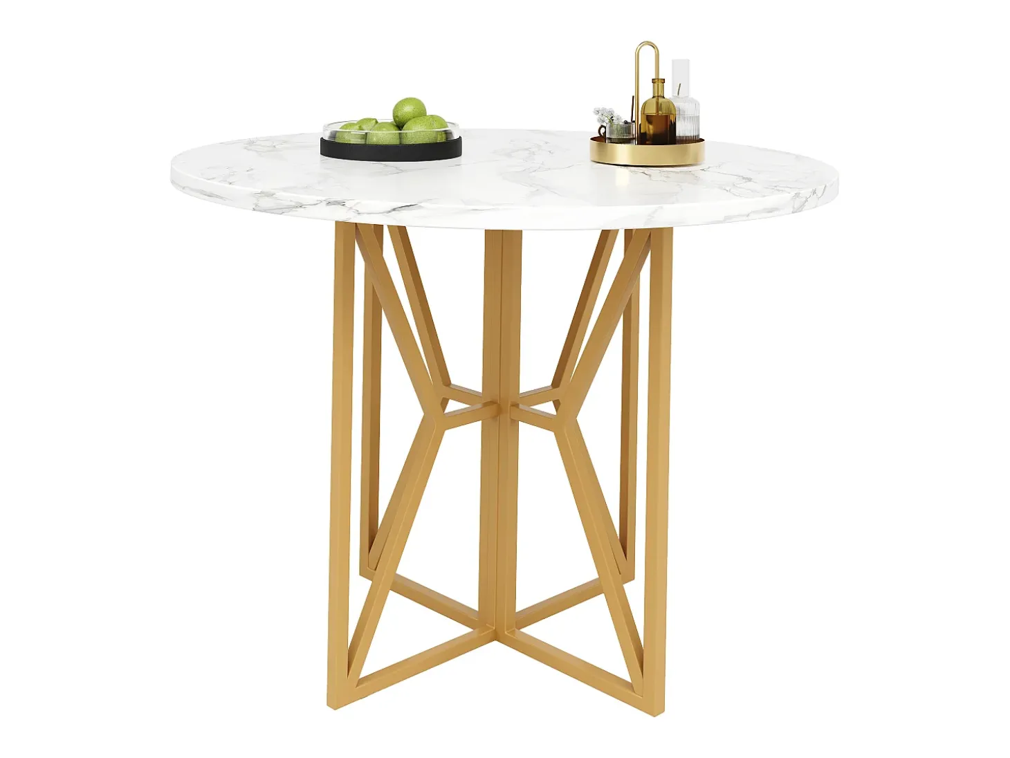 Mesa de comedor redonda para 4 personas, tapa chapada en mármol blanco con patas cruzadas de metal dorado - 80x80x76cm