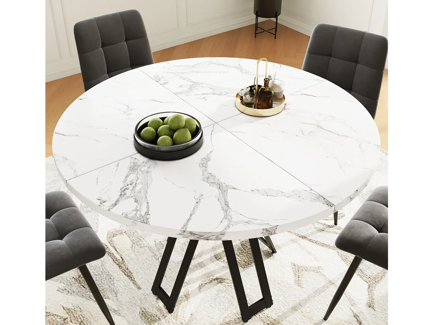 Mesa de comedor redonda para 4 personas, tapa chapada en mármol blanco con patas cruzadas de metal negro - 100x100x76cm