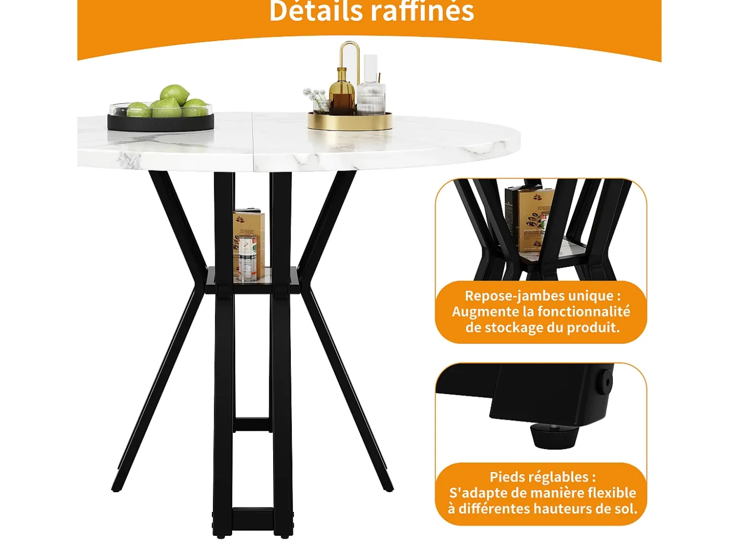 Mesa de comedor redonda para 4 personas, tapa chapada en mármol blanco con patas cruzadas de metal negro - 100x100x76cm
