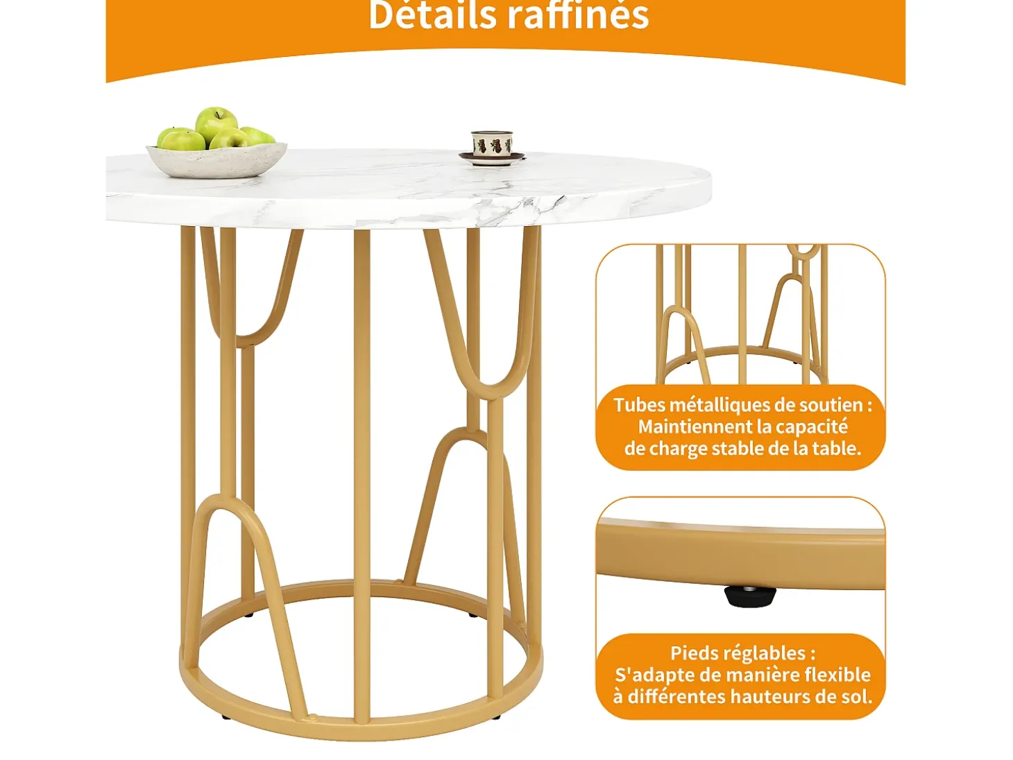 Mesa de comedor redonda para 2 personas, tapa chapada en mármol blanco con patas centrales de metal dorado - 80x80x76cm
