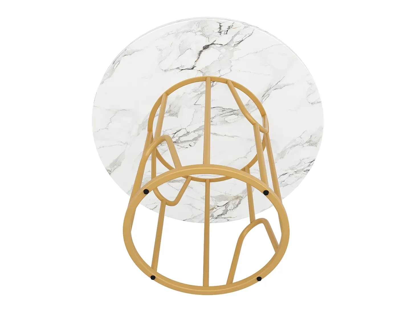 Mesa de comedor redonda para 2 personas, tapa chapada en mármol blanco con patas centrales de metal dorado - 80x80x76cm