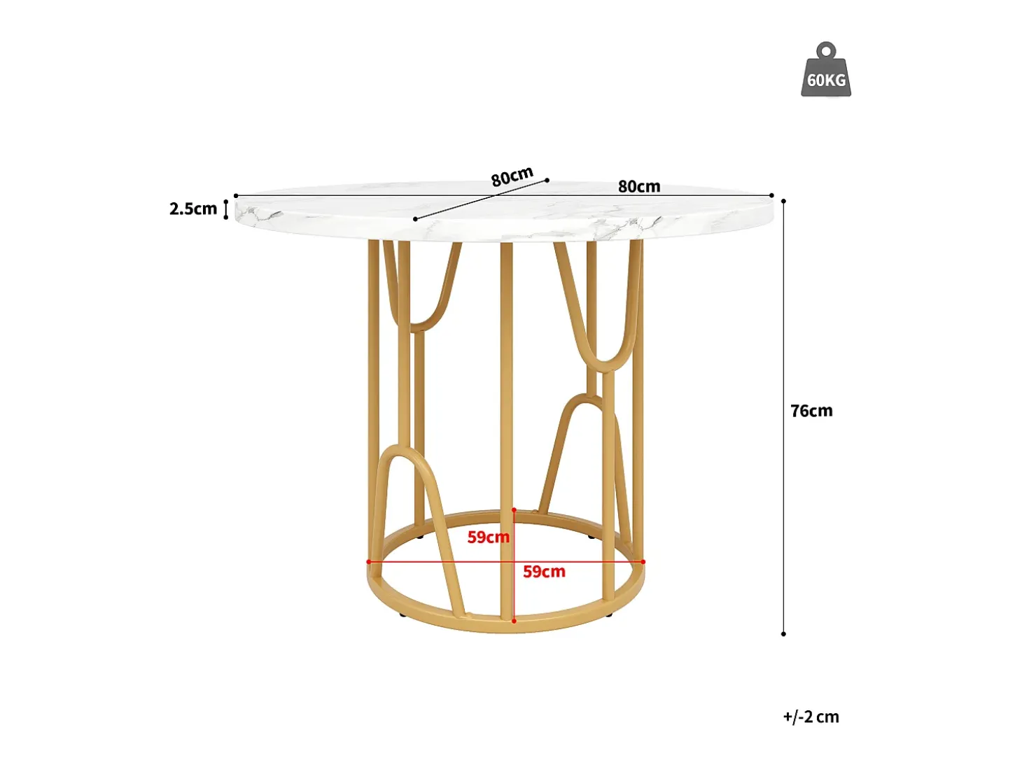 Mesa de comedor redonda para 2 personas, tapa chapada en mármol blanco con patas centrales de metal dorado - 80x80x76cm