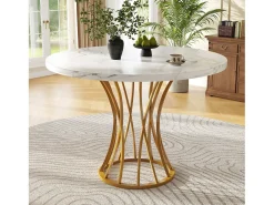 Mesa de comedor redonda para 4-6 personas - patas de metal dorado - color blanco (80 x 80 x 76 cm)