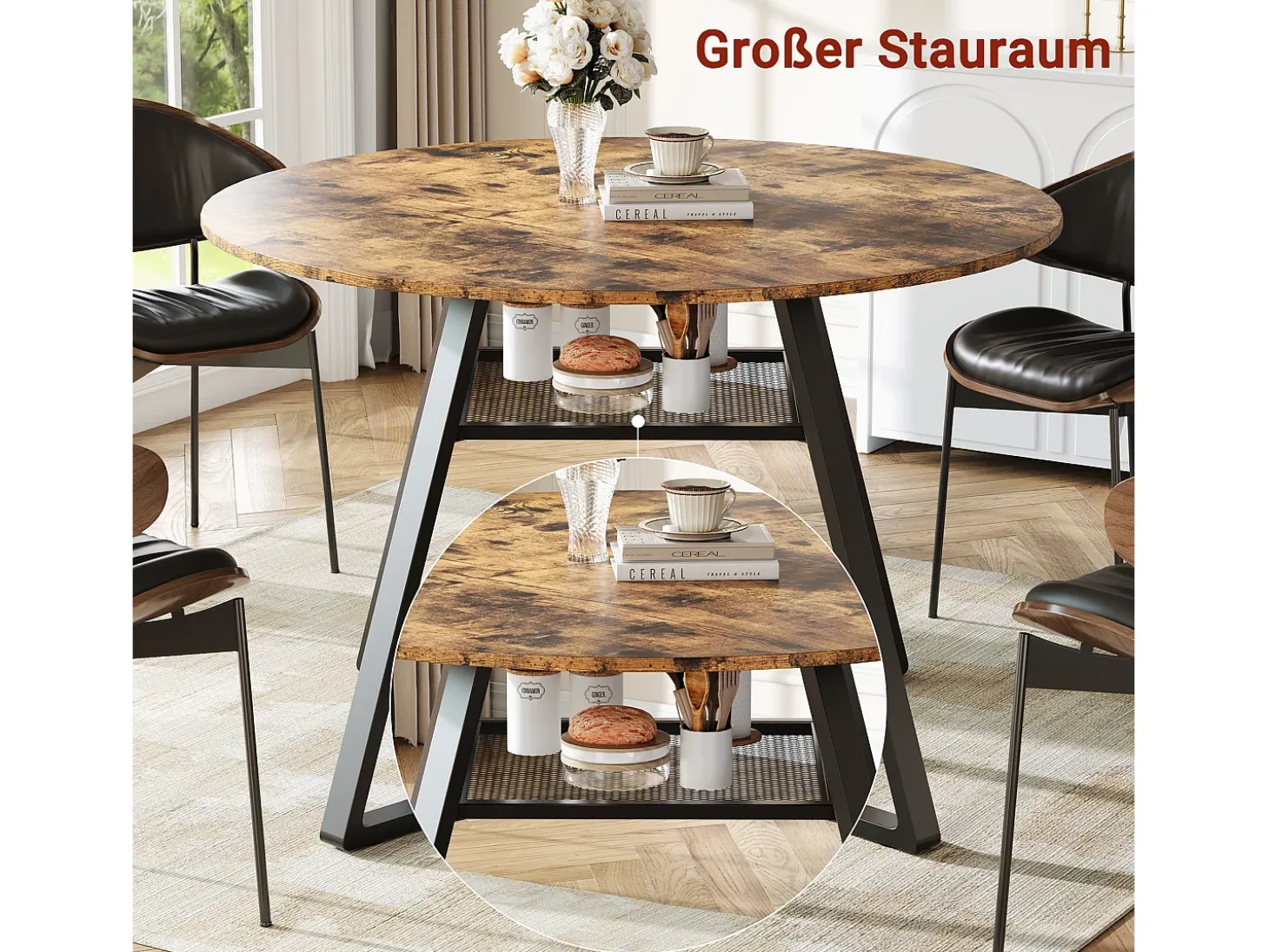 Mesa de comedor redonda para 4 personas, mesa de comedor con estante, 120 x 120 x 75 cm, Negro