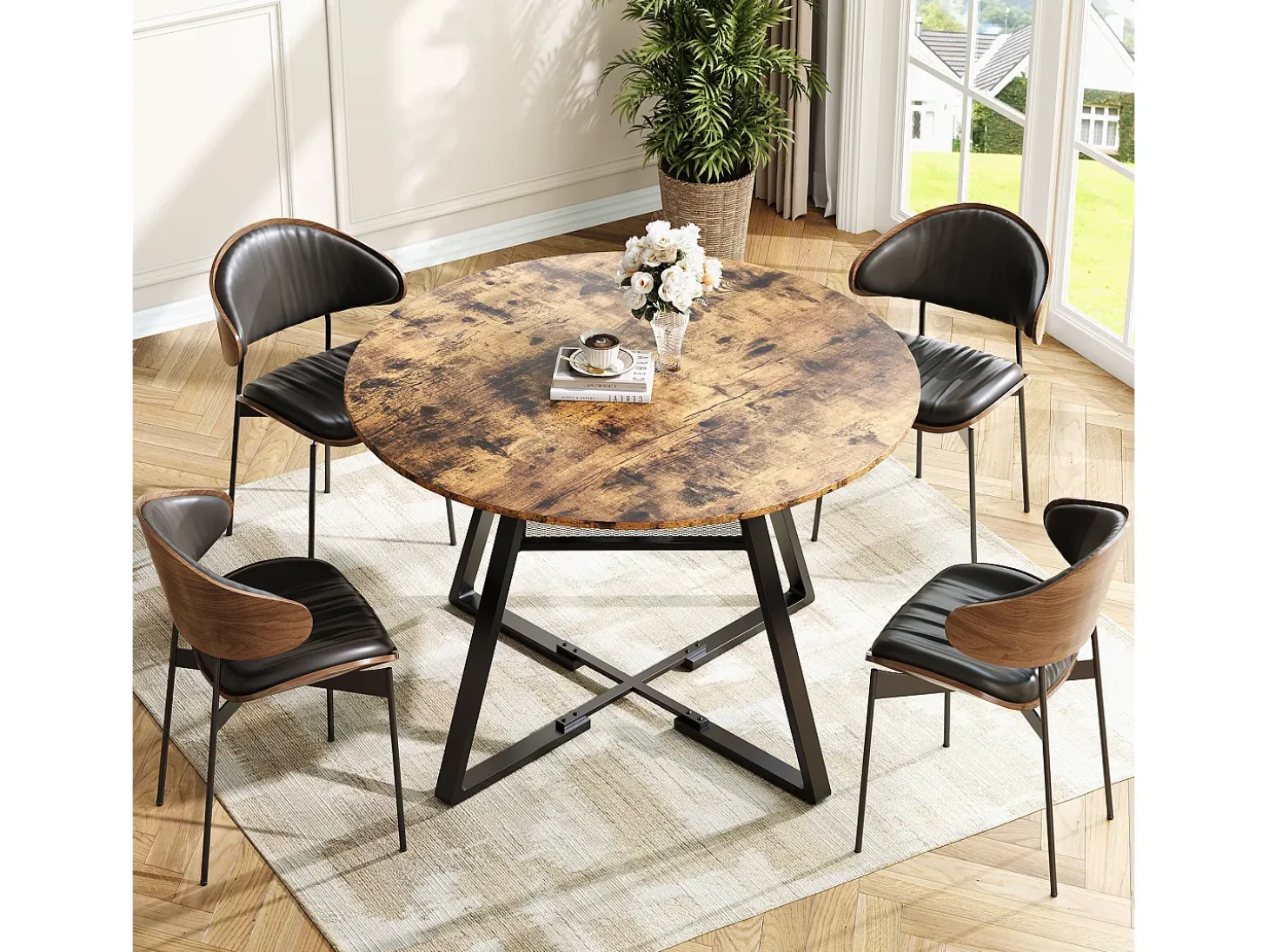 Mesa de comedor redonda para 4 personas, mesa de comedor con estante, 120 x 120 x 75 cm, Negro