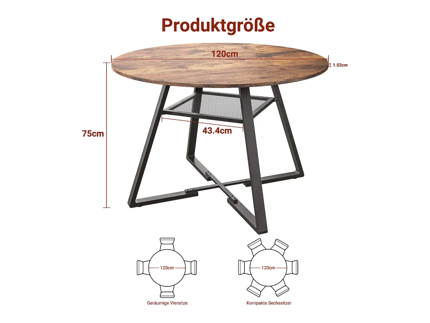 Mesa de comedor redonda para 4 personas, mesa de comedor con estante, 120 x 120 x 75 cm, Negro