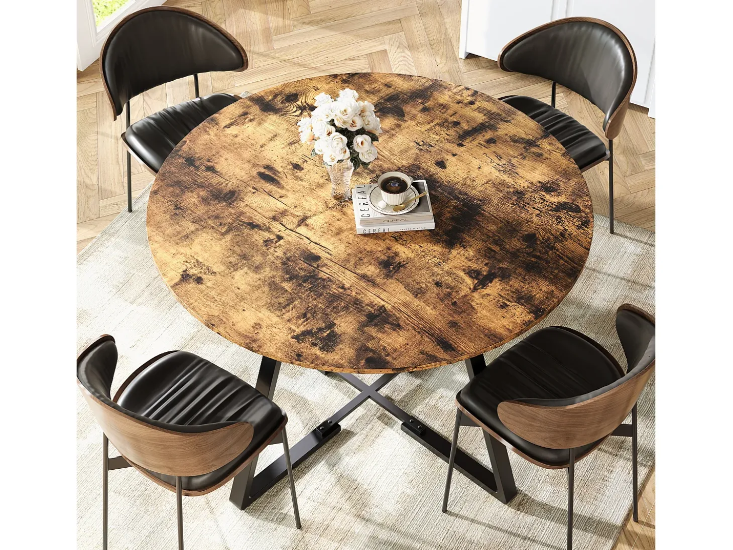 Mesa de comedor redonda para 4 personas, mesa de comedor con estante, 120 x 120 x 75 cm, Negro