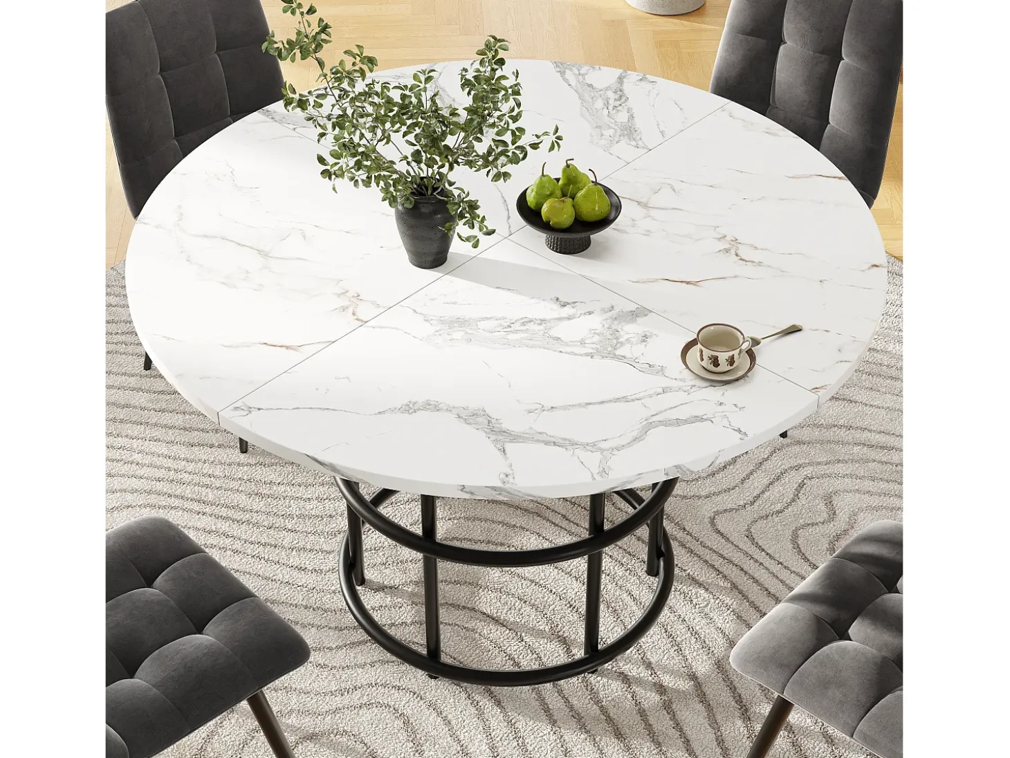 Mesa de comedor redonda para 4 personas, tapa chapada en mármol blanco con patas centrales de metal negro - 100x100x76cm