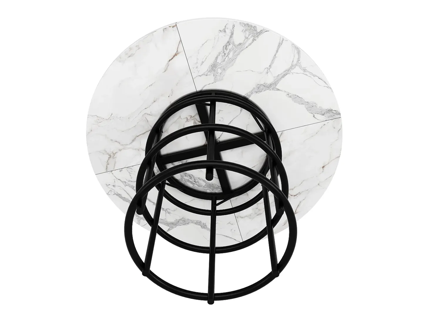 Mesa de comedor redonda para 4 personas, tapa chapada en mármol blanco con patas centrales de metal negro - 100x100x76cm