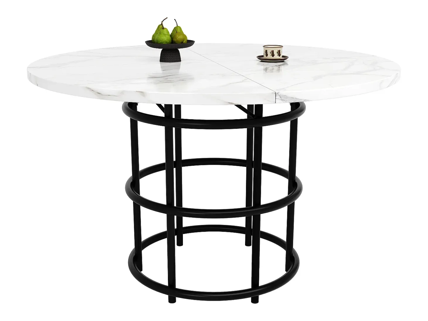 Mesa de comedor redonda para 4 personas, tapa chapada en mármol blanco con patas centrales de metal negro - 100x100x76cm