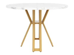 Mesa de comedor redonda, patas de metal dorado, tablero de MDF efecto mármol, (100x100x76 cm)