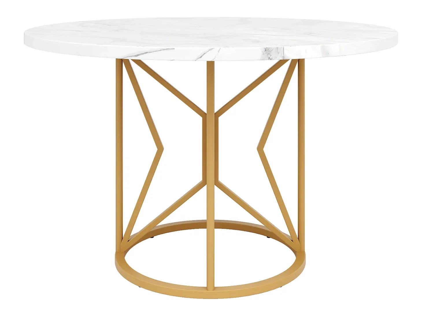 Mesa de comedor redonda para 4 personas, tapa chapada en mármol blanco con patas centrales de metal dorado - 100x100x76cm