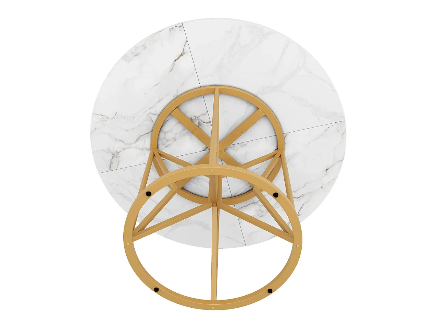 Mesa de comedor redonda para 4 personas, tapa chapada en mármol blanco con patas centrales de metal dorado - 100x100x76cm