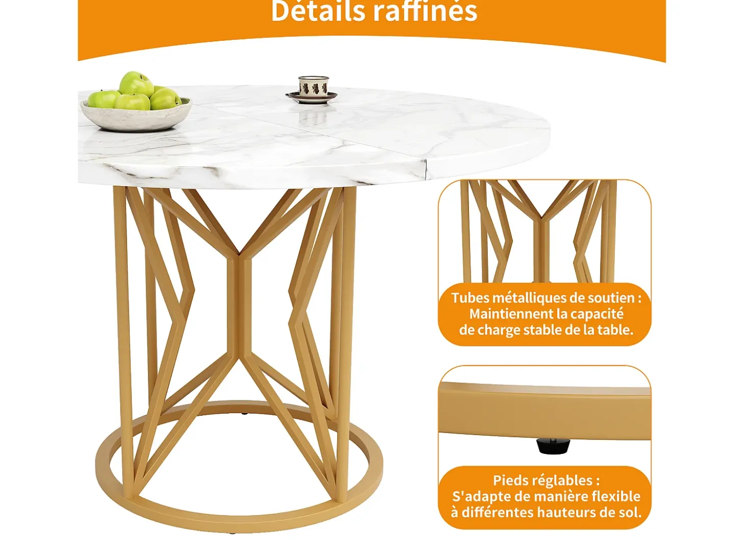 Mesa de comedor redonda para 4 personas, tapa chapada en mármol blanco con patas centrales de metal dorado - 100x100x76cm