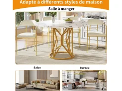 Mesa de comedor redonda para 4 personas, tapa chapada en mármol blanco con patas centrales de metal dorado - 100x100x76cm