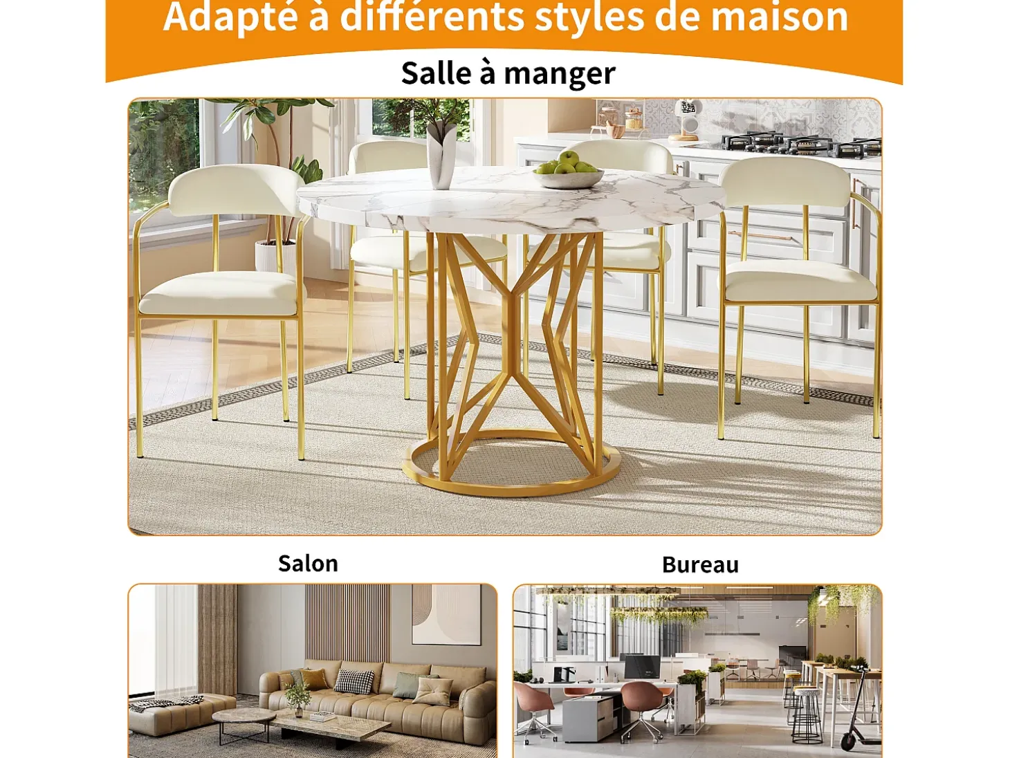 Mesa de comedor redonda para 4 personas, tapa chapada en mármol blanco con patas centrales de metal dorado - 100x100x76cm