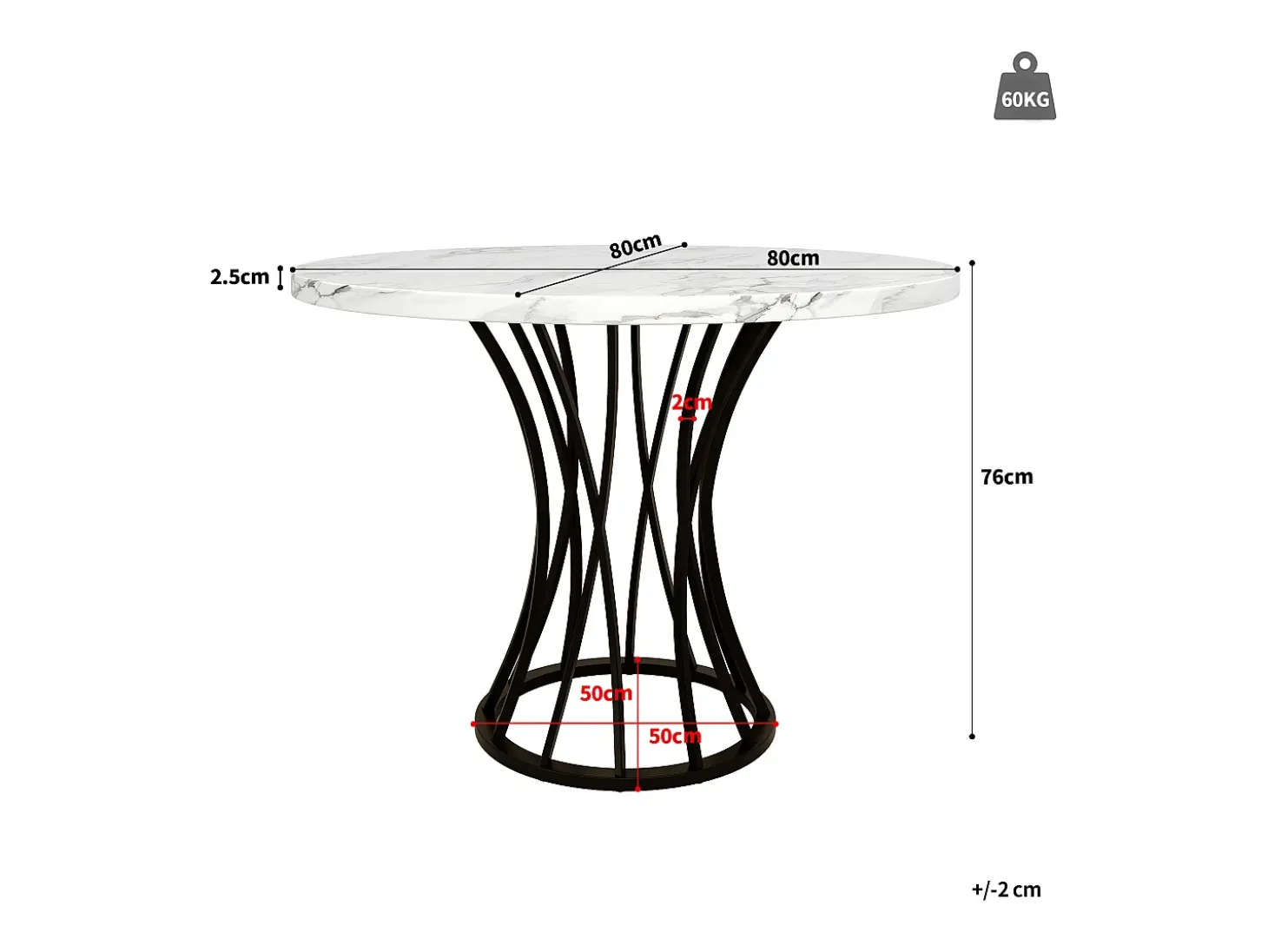 Mesa de comedor redonda para 4-6 personas - patas de metal negro - blanco (80 x 80 x 76 cm)