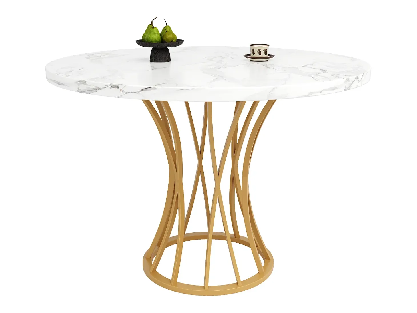 Mesa de comedor redonda para 4 a 6 personas - Pr 80 x Al 76 cm - Tablero de MDF jaspeado y patas de metal dorado - Blanco + oro