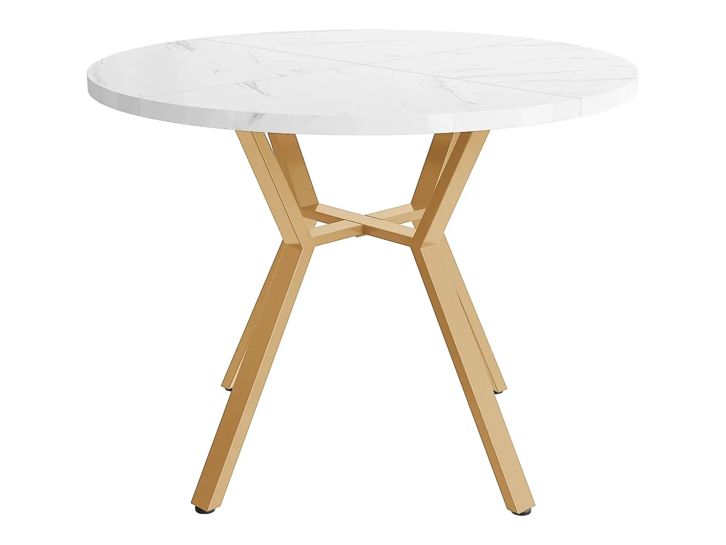 Mesa de comedor redonda para 4 personas, tapa chapada en mármol blanco con patas de metal dorado - 100x100x75cm
