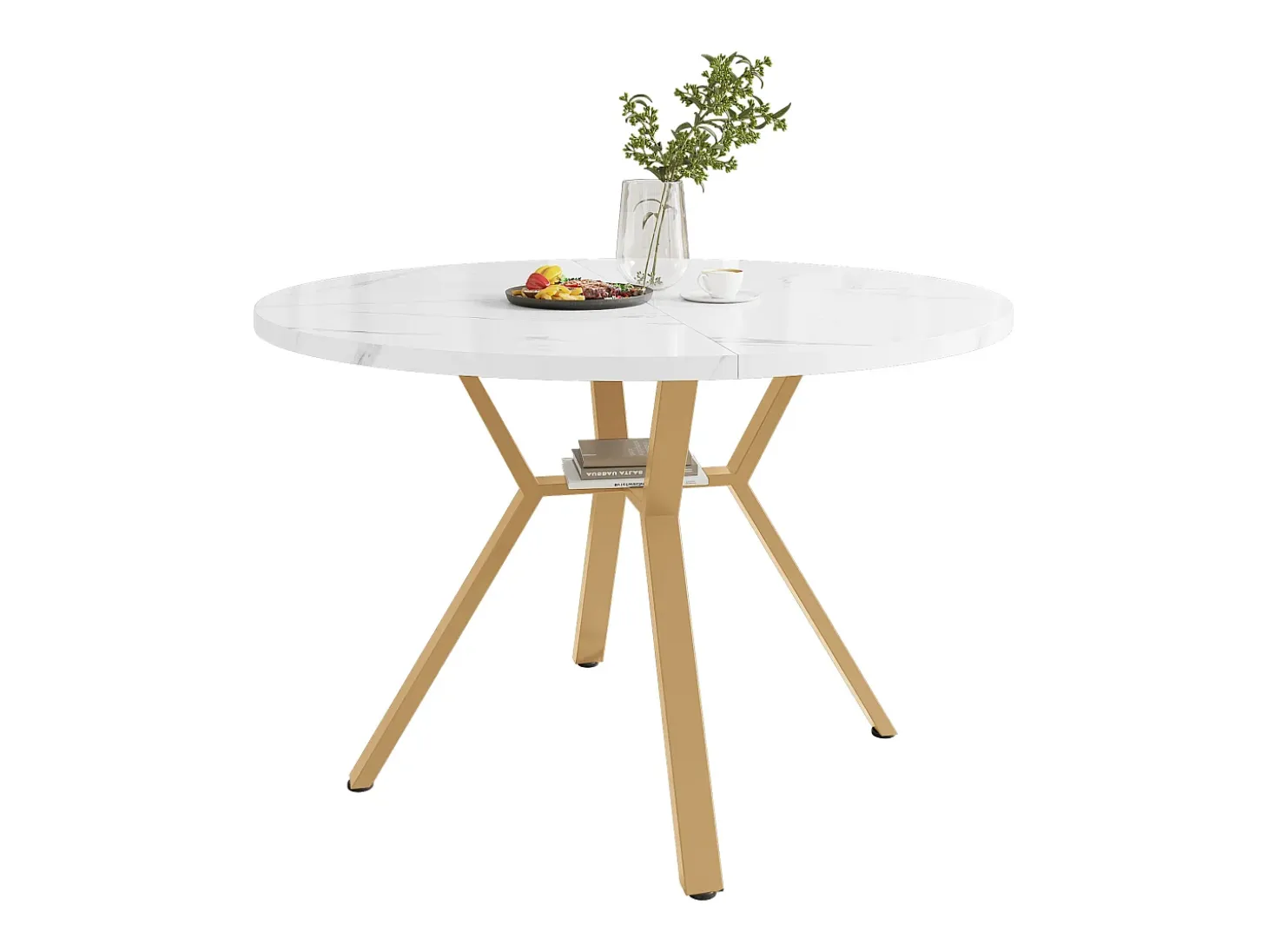 Mesa de comedor redonda para 4 personas, tapa chapada en mármol blanco con patas de metal dorado - 100x100x75cm