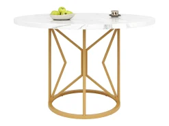 Mesa de comedor redonda para 4 a 6 personas - Pr 100 x Al 76 cm - Tablero de MDF jaspeado y patas de metal dorado - Blanco + oro