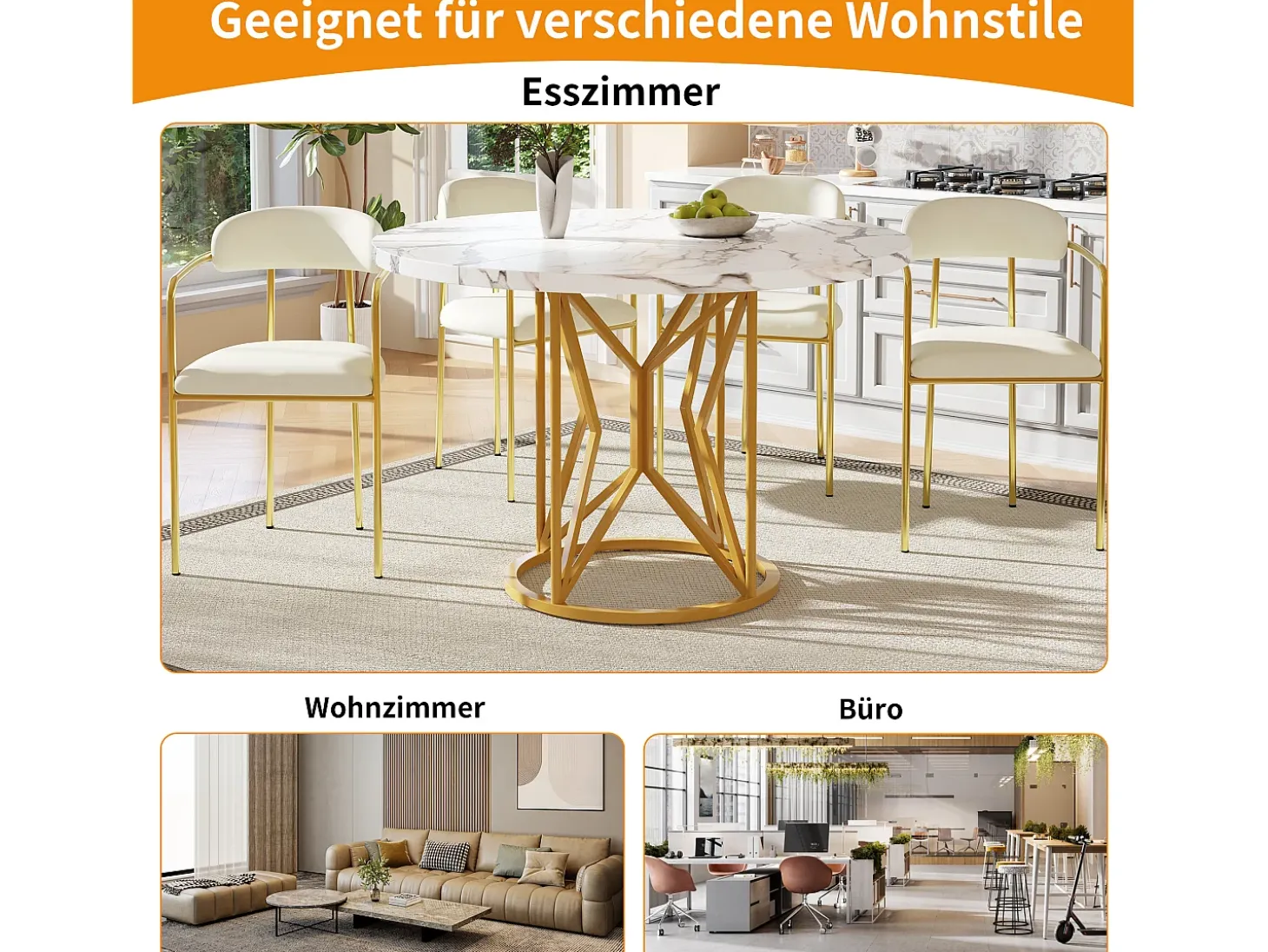 Mesa de comedor redonda para 4 a 6 personas - Pr 100 x Al 76 cm - Tablero de MDF jaspeado y patas de metal dorado - Blanco + oro