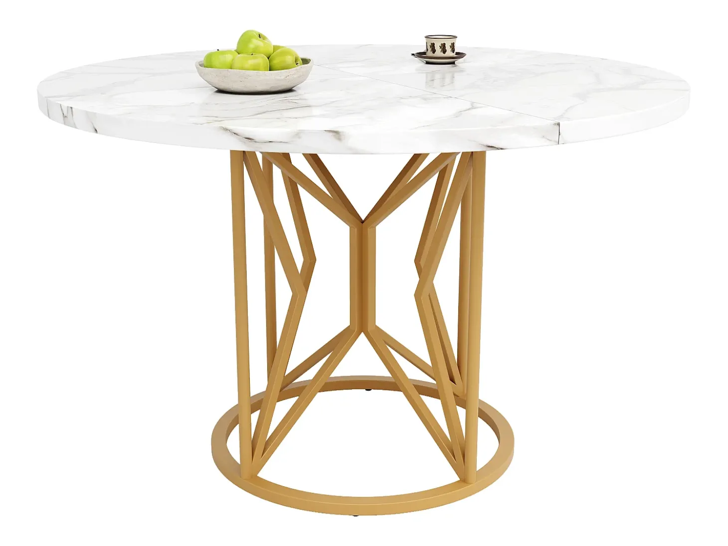 Mesa de comedor redonda para 4 a 6 personas - Pr 100 x Al 76 cm - Tablero de MDF jaspeado y patas de metal dorado - Blanco + oro