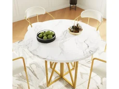 Mesa de comedor redonda para 4 a 6 personas - Pr 80 x Al 76 cm - Tablero de MDF jaspeado y patas de metal dorado - Blanco + oro