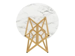 Mesa de comedor redonda para 4 a 6 personas - Pr 80 x Al 76 cm - Tablero de MDF jaspeado y patas de metal dorado - Blanco + oro