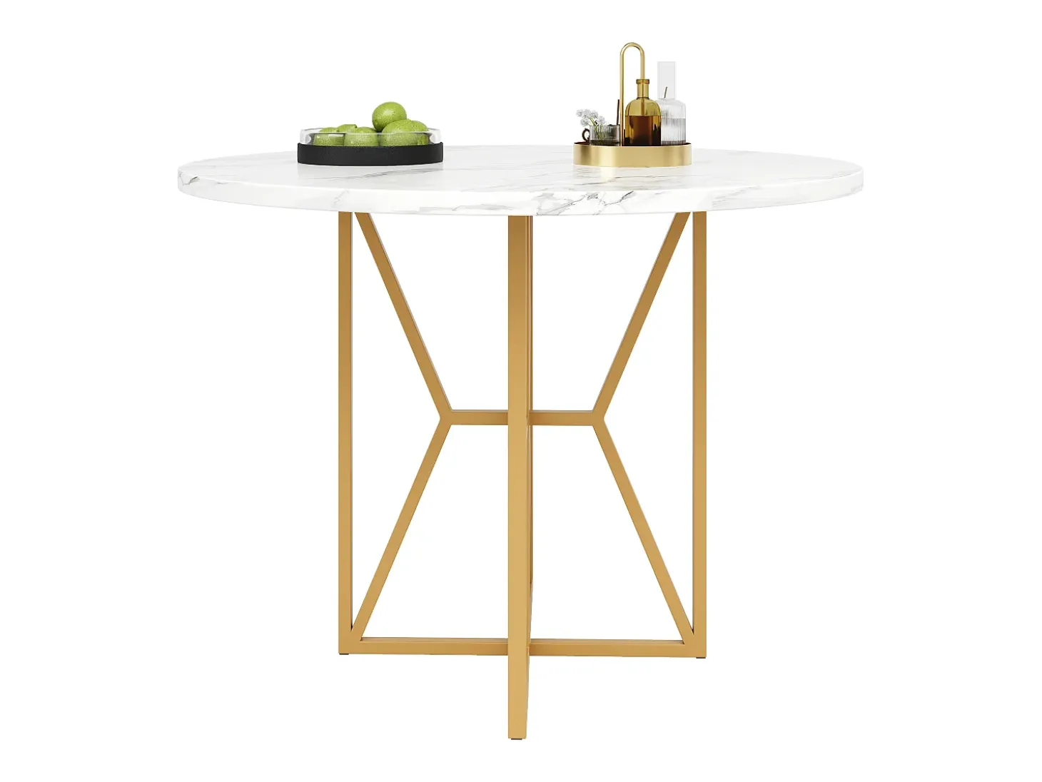 Mesa de comedor redonda para 4 a 6 personas - Pr 80 x Al 76 cm - Tablero de MDF jaspeado y patas de metal dorado - Blanco + oro