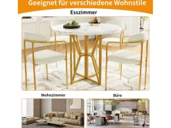 Mesa de comedor redonda para 4 a 6 personas - Pr 80 x Al 76 cm - Tablero de MDF jaspeado y patas de metal dorado - Blanco + oro