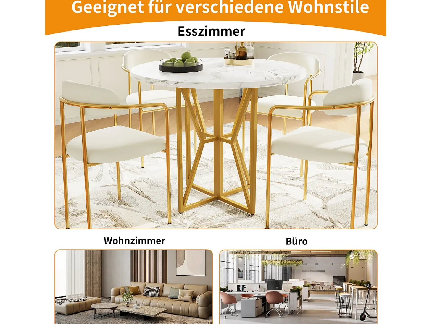 Mesa de comedor redonda para 4 a 6 personas - Pr 80 x Al 76 cm - Tablero de MDF jaspeado y patas de metal dorado - Blanco + oro