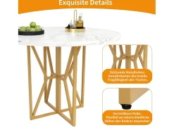 Mesa de comedor redonda para 4 a 6 personas - Pr 80 x Al 76 cm - Tablero de MDF jaspeado y patas de metal dorado - Blanco + oro