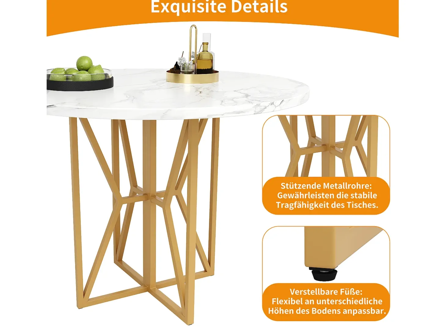 Mesa de comedor redonda para 4 a 6 personas - Pr 80 x Al 76 cm - Tablero de MDF jaspeado y patas de metal dorado - Blanco + oro