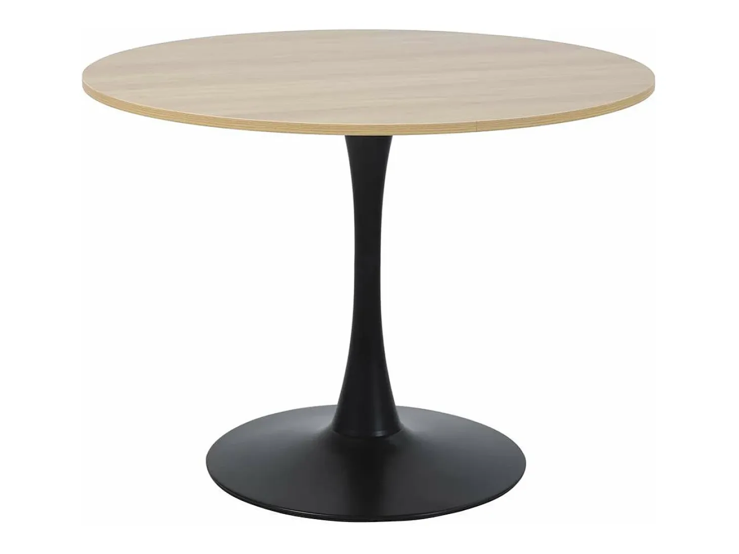 Mesa de comedor redonda TULIPS para 4-5 personas, acabado de imitación de roble y base de metal negro