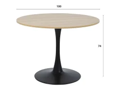 Mesa de comedor redonda TULIPS para 4-5 personas, acabado de imitación de roble y base de metal negro