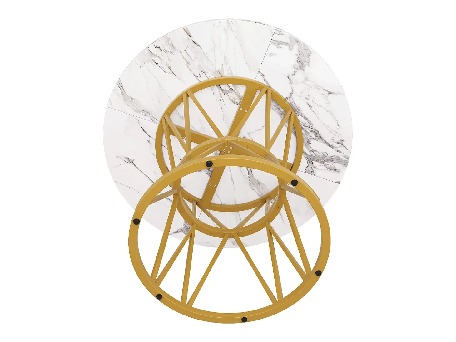 Mesa de comedor redonda 100x100x76cm para 4 personas con tapa chapada en mármol blanco, estructura de metal dorado
